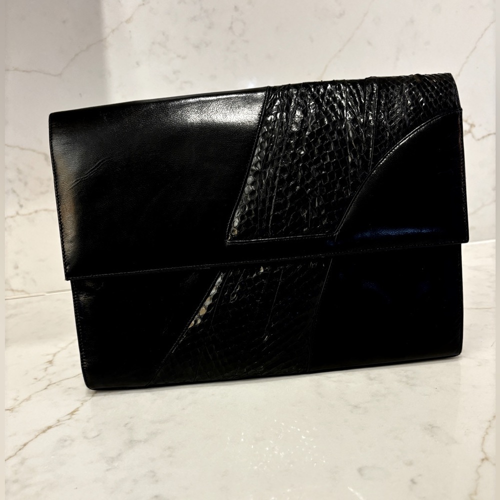 La Scala black leather and reptile clutch purse